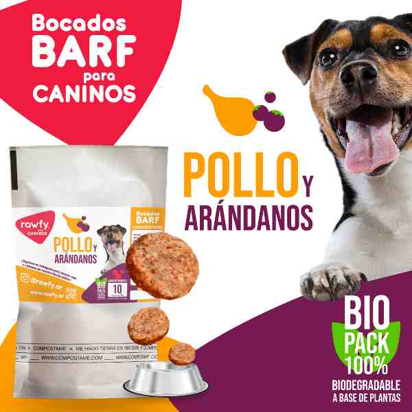 VIANDA BARF PERRO RAWFY POLLO Y ARANDANOS X10 UNIDADES